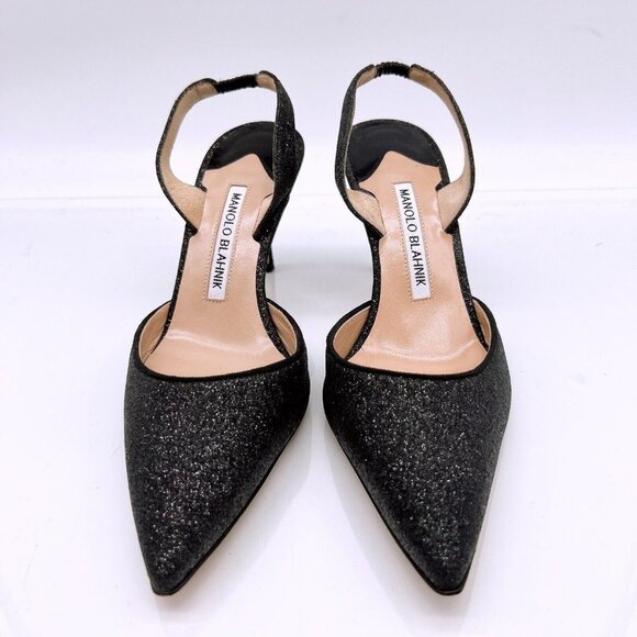 Manolo Blahnik Carolyne Low Heel Women’s Slingback Pumps Black Glitter EU 36.5 - Picture 4 of 12